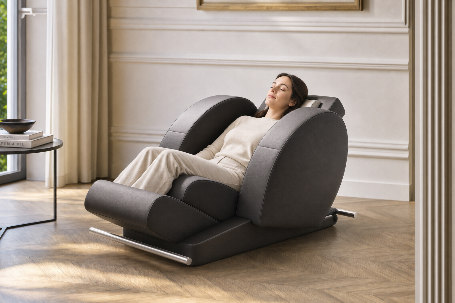 Massage lounge chair, continuous shell